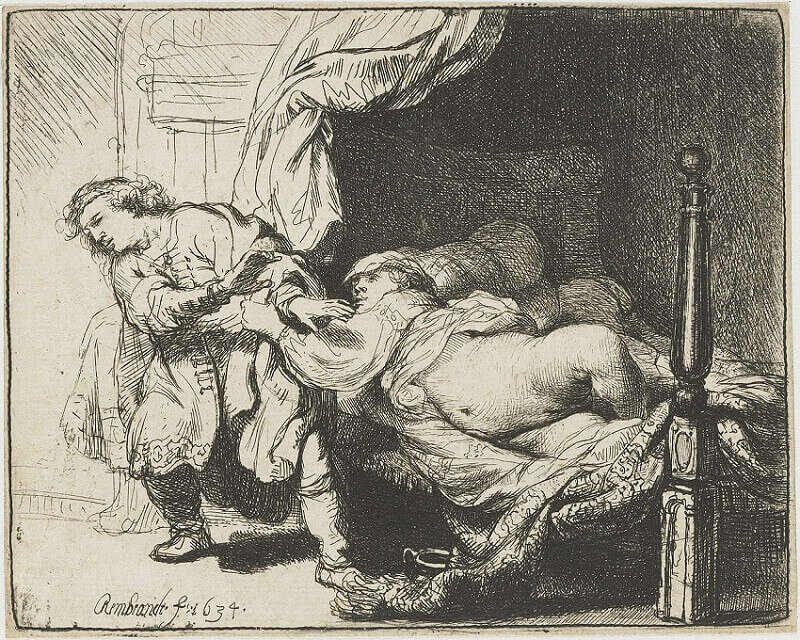Joseph and Potipliar's Wife Etching by Rembrandt