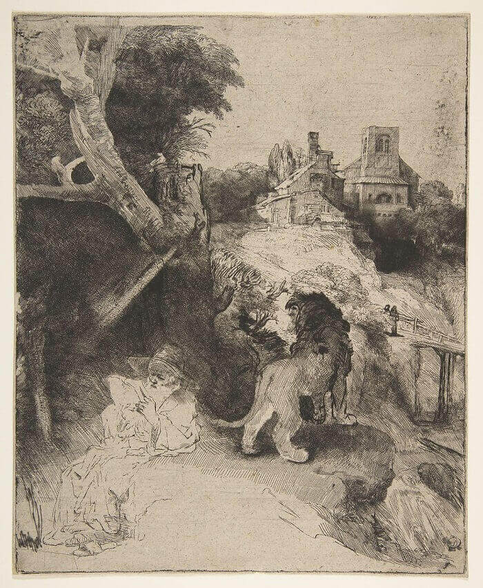 St Jerome Reading in an Italian Landscape, 1654 by Rembrandt